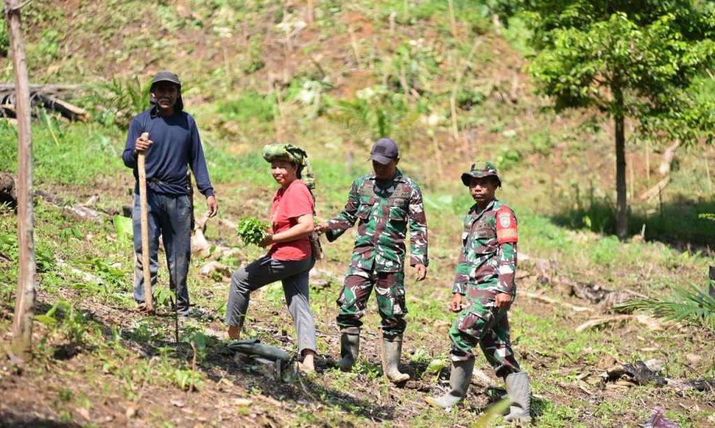 Personel Satuan Tugas TNI Manunggal Membangun Desa (TMMD) Ke-127 Kodim 0111/Bireuen membantu warga menanam cabai di Desa Jeumpa Sikureueng