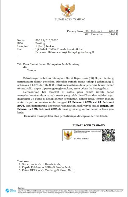 Bupati Armia menginstruksikan camat se-Kabupaten Aceh Tamiang melaksanakan uji publik terhadap calon penerima bantuan stimulan rumah rusak